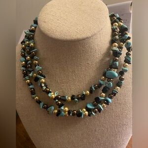Triple Strand Necklace. Turquoise Shell Beads W/Black, Copper & Pearls. 16.5”.